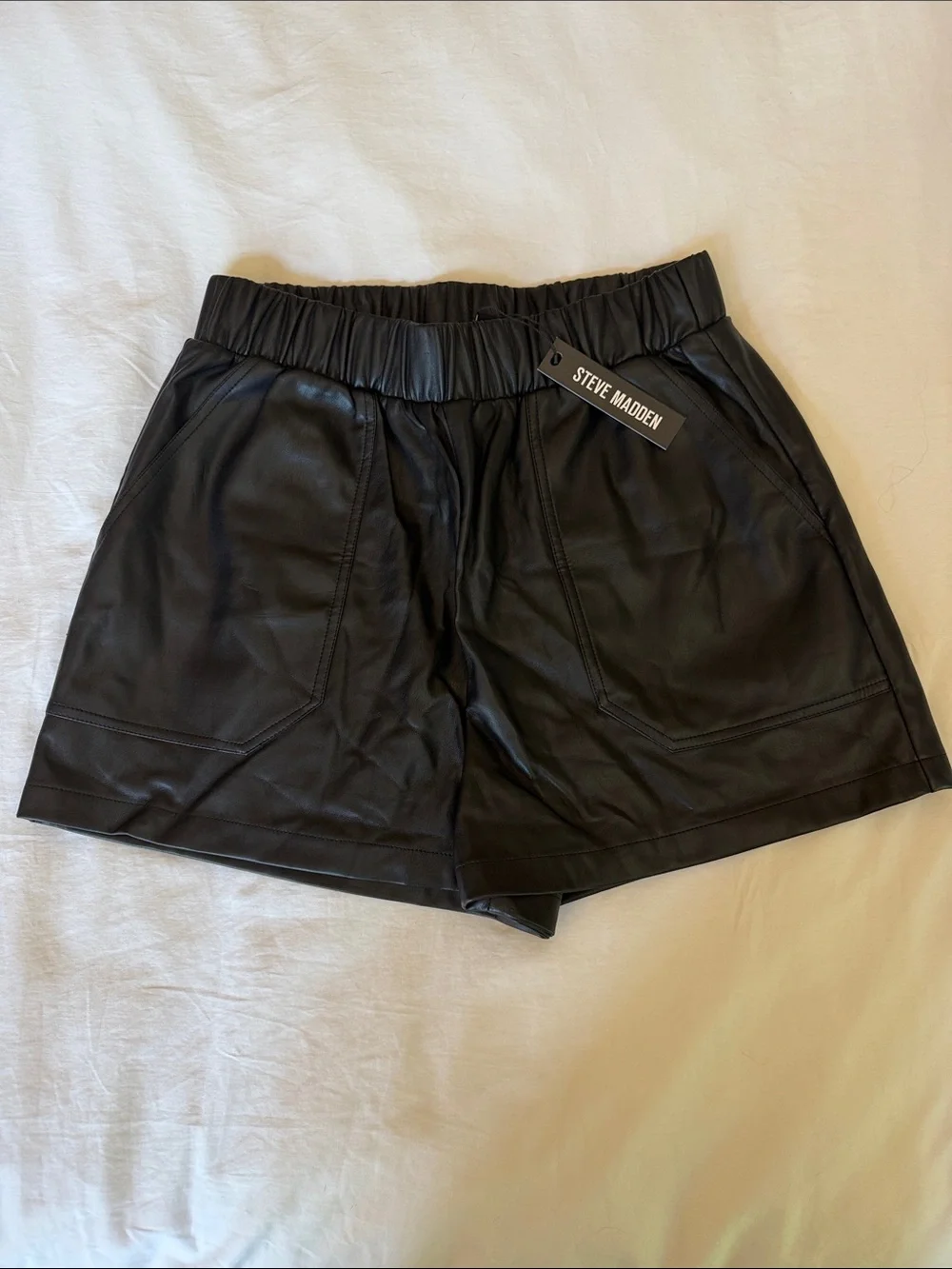 Steve Madden Black Faux-Leather High-Waist Elastic Shorts